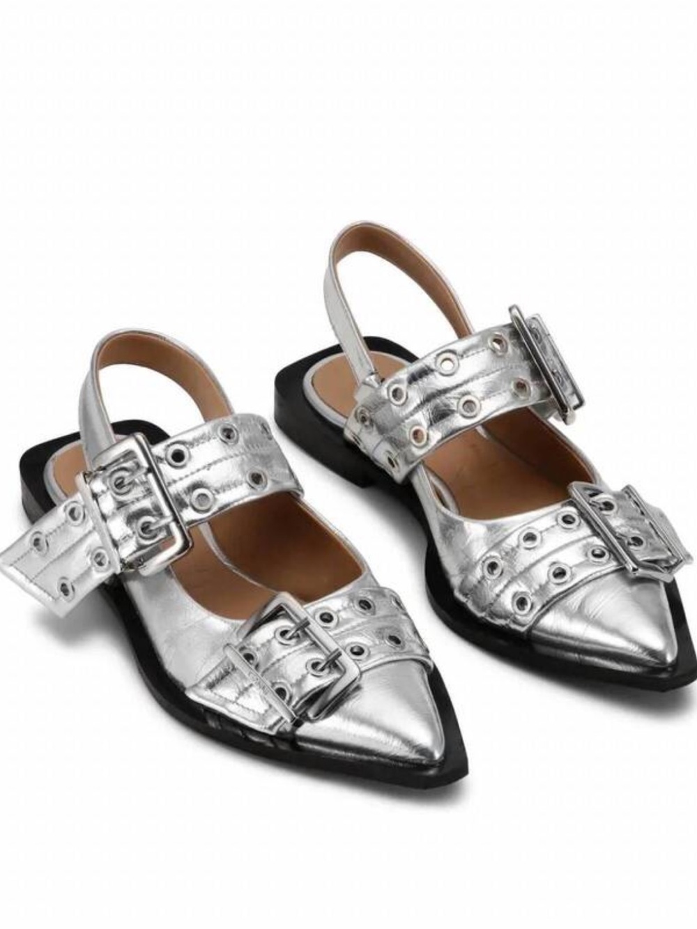 GANNI Silver Buckle Flats Ballerinas Size 38 Metallic